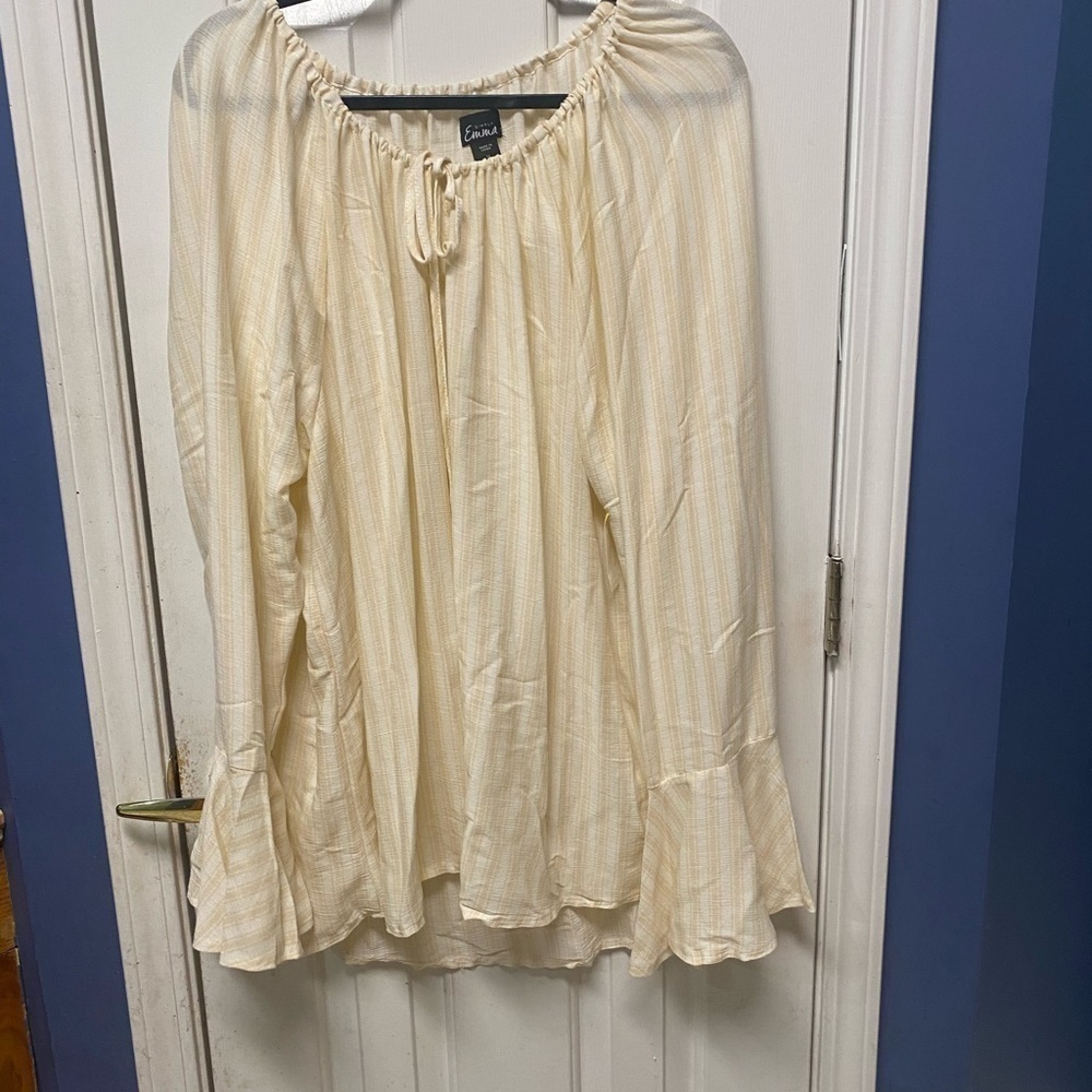 SIMPLY EMMA plus size light weight
Striped Bell Sleeve drawstring neckline